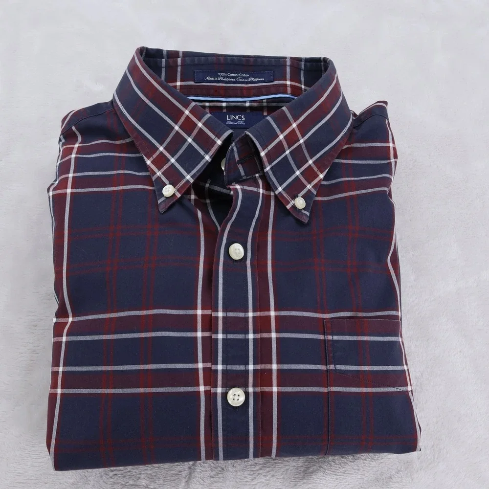 Lincs‎ David Chu Mens XL Navy Blue Burgundy Plaid Cotton Button Down Shirt LS